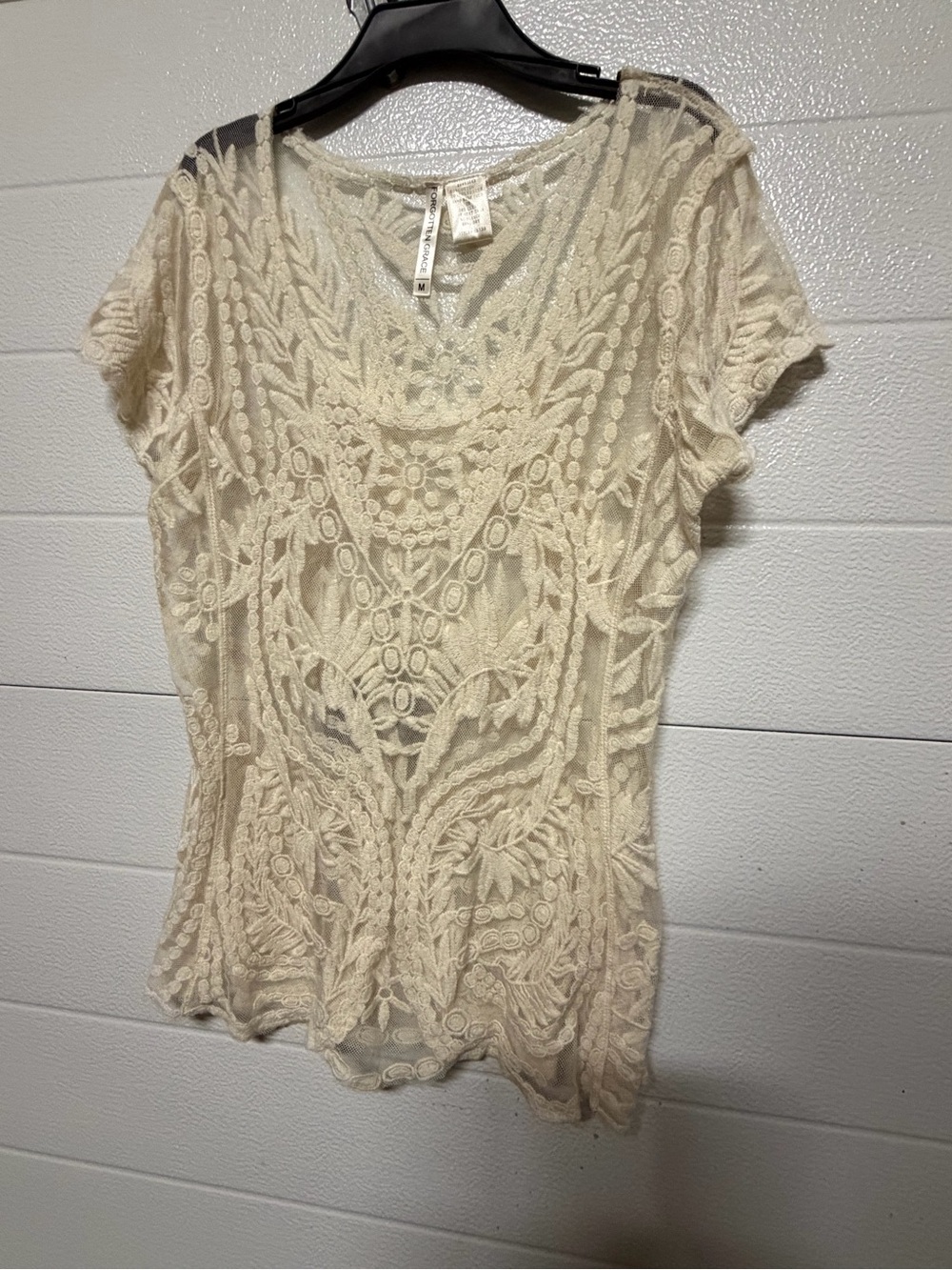Cream Embroidered Scoop Neck Lace Top